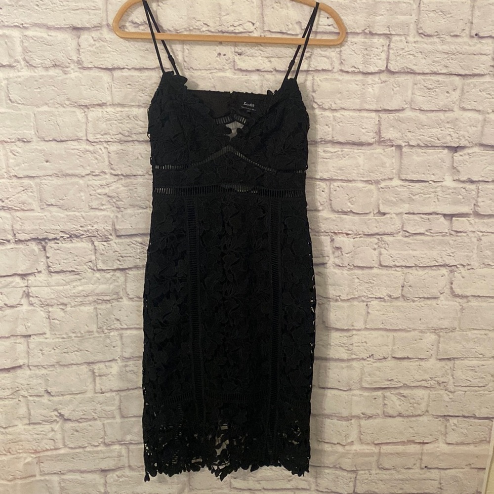 Bardot floral crocheted little black dress